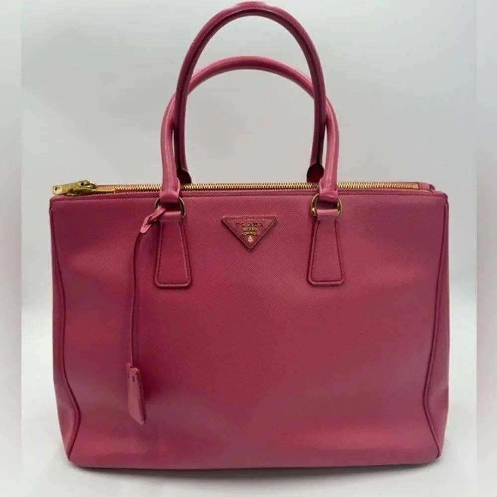 Auth Prada Pink Saffiano Leather Double Zipper Lux Galleria Tote Bag